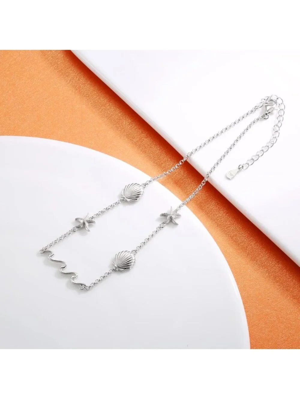 Sterling Silver Ocean Wave Shell Anklet, Sea Starfish Ankle Bracelet, Summer